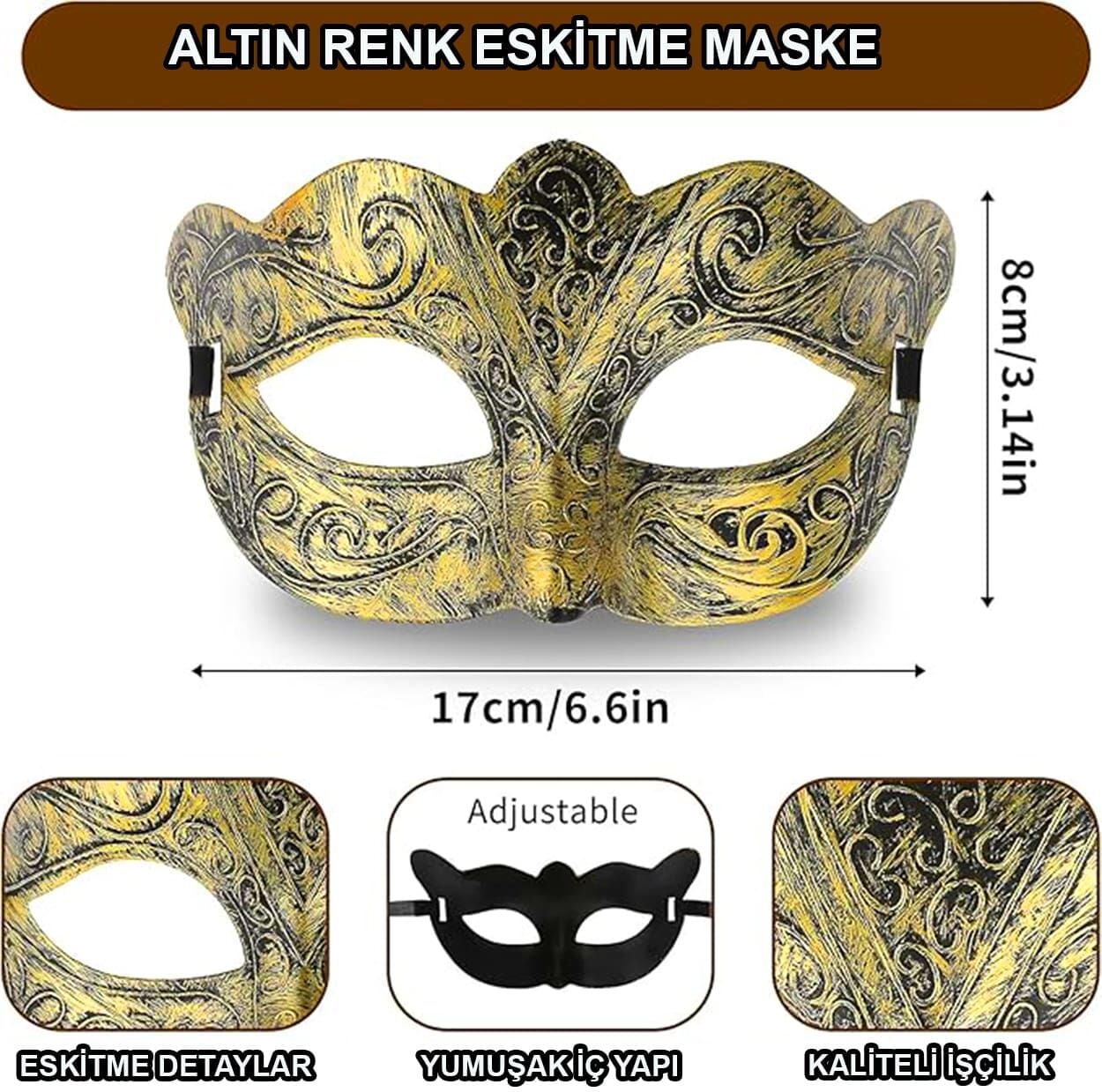 Altın Renk Eskitme Maskeli Balo Maskesi Venedik Tarzı Parti Maskesi