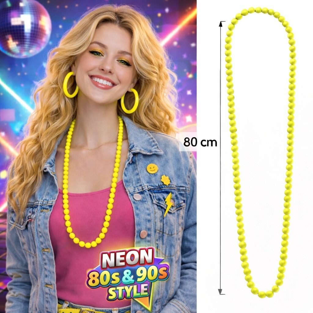 Neon Sarı Boncuk Kolye 80 cm Retro 80’ler 90’lar Parti Aksesuarı