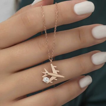 925 Ayar Gümüş Rose Tek Taşlı Uçak Kadın Gümüş Kolye