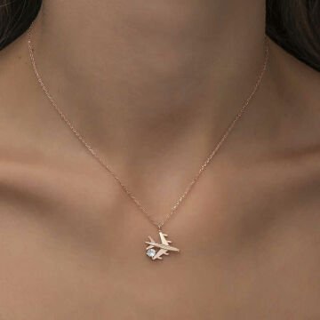 925 Ayar Gümüş Rose Tek Taşlı Uçak Kadın Gümüş Kolye