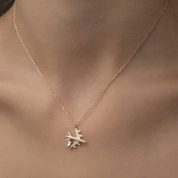 925 Ayar Gümüş Rose Tek Taşlı Uçak Kadın Gümüş Kolye