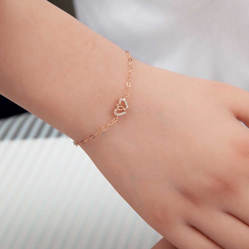 925 Ayar Gümüş Rose Birleşmiş Kalpler Kadın Bileklik