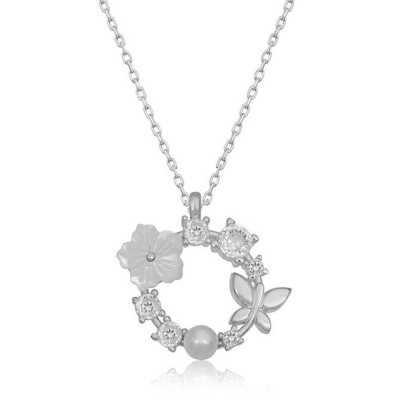 925 Ayar Gümüş Manolya Çiçeği Kelebek Kadın Gümüş Kolye