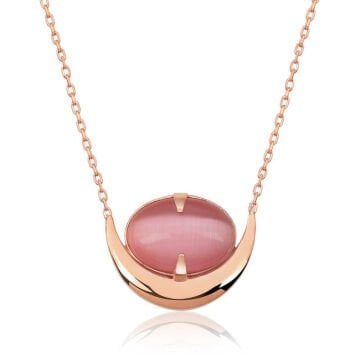 925 Ayar Gümüş Pembe Kedi Gözü Taşlı Hilal Kolye