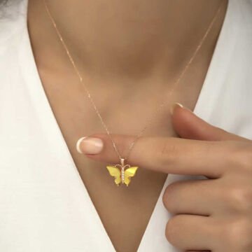 925 Ayar Gümüş Rose Sarı Kaplangözü Taşlı Kelebek Kolye