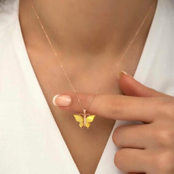 925 Ayar Gümüş Rose Sarı Kaplangözü Taşlı Kelebek Kolye
