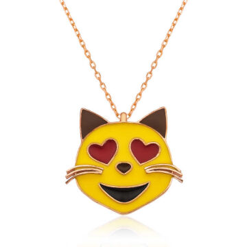 925 Ayar Gümüş Kalp Gözlü Kedi Emoji Kadın Gümüş Kolye