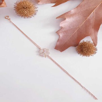 925 Ayar Gümüş Rose Kalpli Yonca Kadın Bileklik