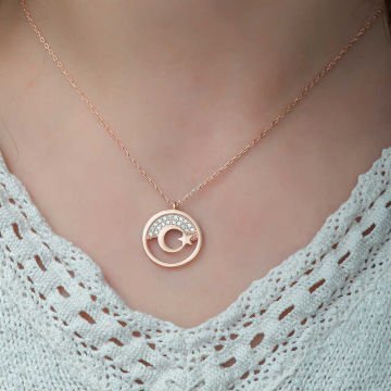 925 Ayar Gümüş Rose Ay Yıldız Kadın Gümüş Kolye