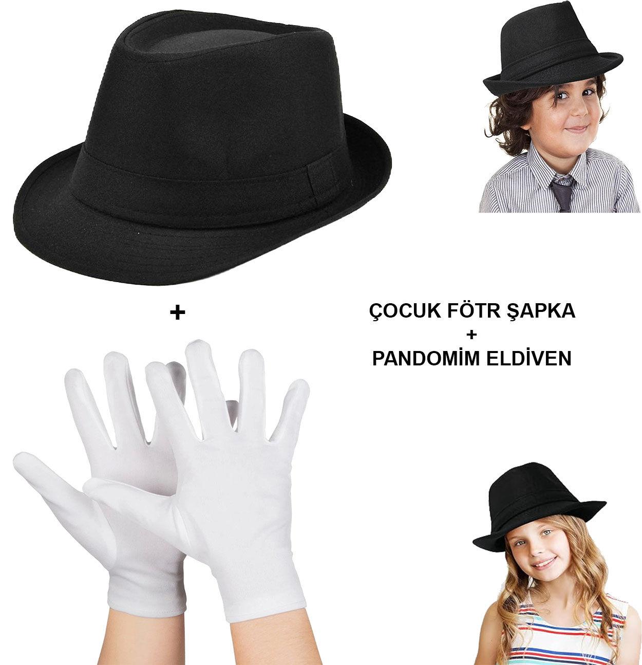 Çocuk Sahne Performans Seti – Gösteri Fötr Şapka ve Eldiven