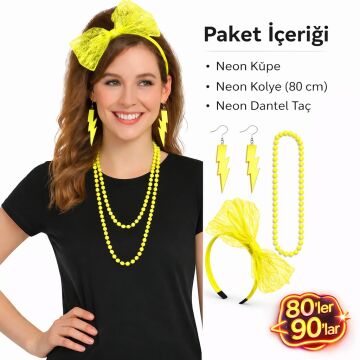 80’ler 90’lar Neon Sarı Parti Seti Kolye Küpe Taç