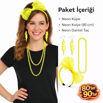 80’ler 90’lar Neon Sarı Parti Seti Kolye Küpe Taç