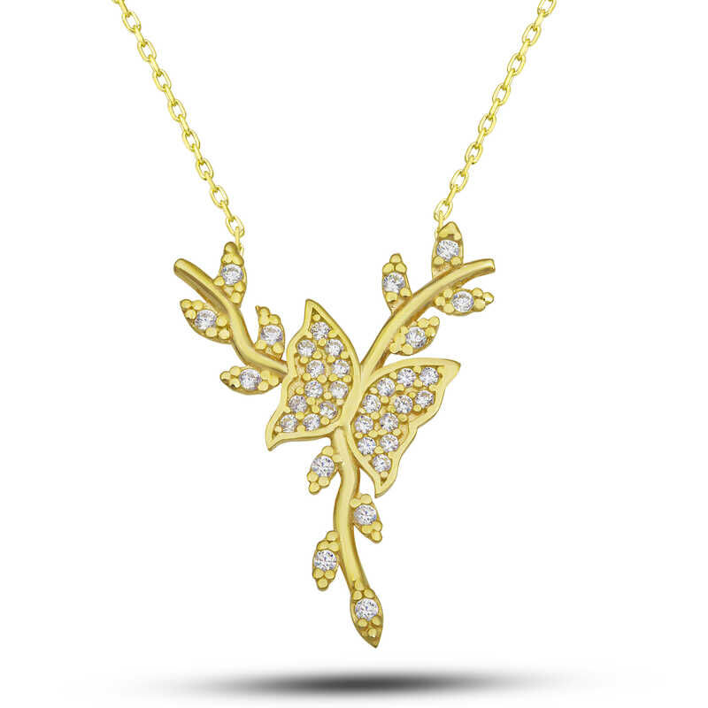 925 Ayar Gümüş Gold Daldaki Kelebek Kadın Kolye