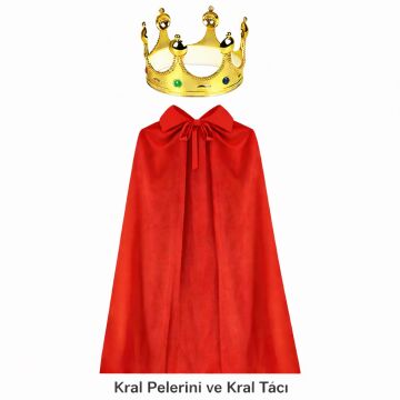 90 cm Kral Pelerini ve Altın Kral Tacı Seti