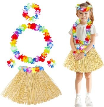 Yetişkin Çocuk Hawaii Parti Seti - 40 cm Naturel Etek + Çiçek Aksesuarlar (5 Parça)