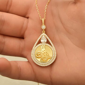 925 Ayar Gümüş Gold Kaplama Damla Tuğralı Kadın Kolye