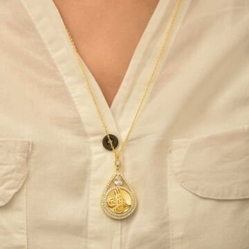 925 Ayar Gümüş Gold Kaplama Damla Tuğralı Kadın Kolye