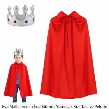 Gümüş Yumuşak Kral Tacı ve Kırmızı Pelerin Seti