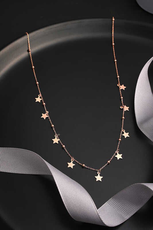 925 Ayar Gümüş Rose Yıldızlı Dorika Kadın Gümüş Kolye