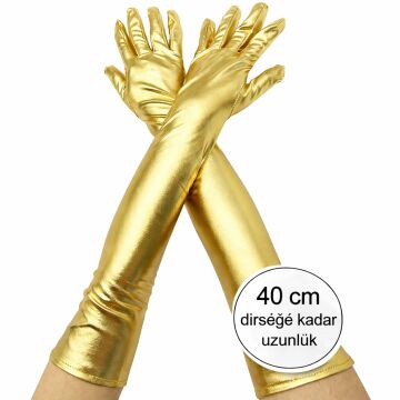 Altın Renk Dirsek Altı Lüks Saten Eldiven 40 cm