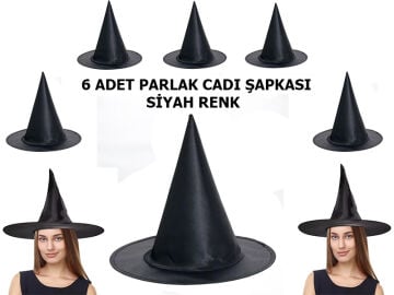 Siyah Renk Parlak Dralon Cadı Şapkası Yetişkin ve Çocuk Uyumlu 6 Adet