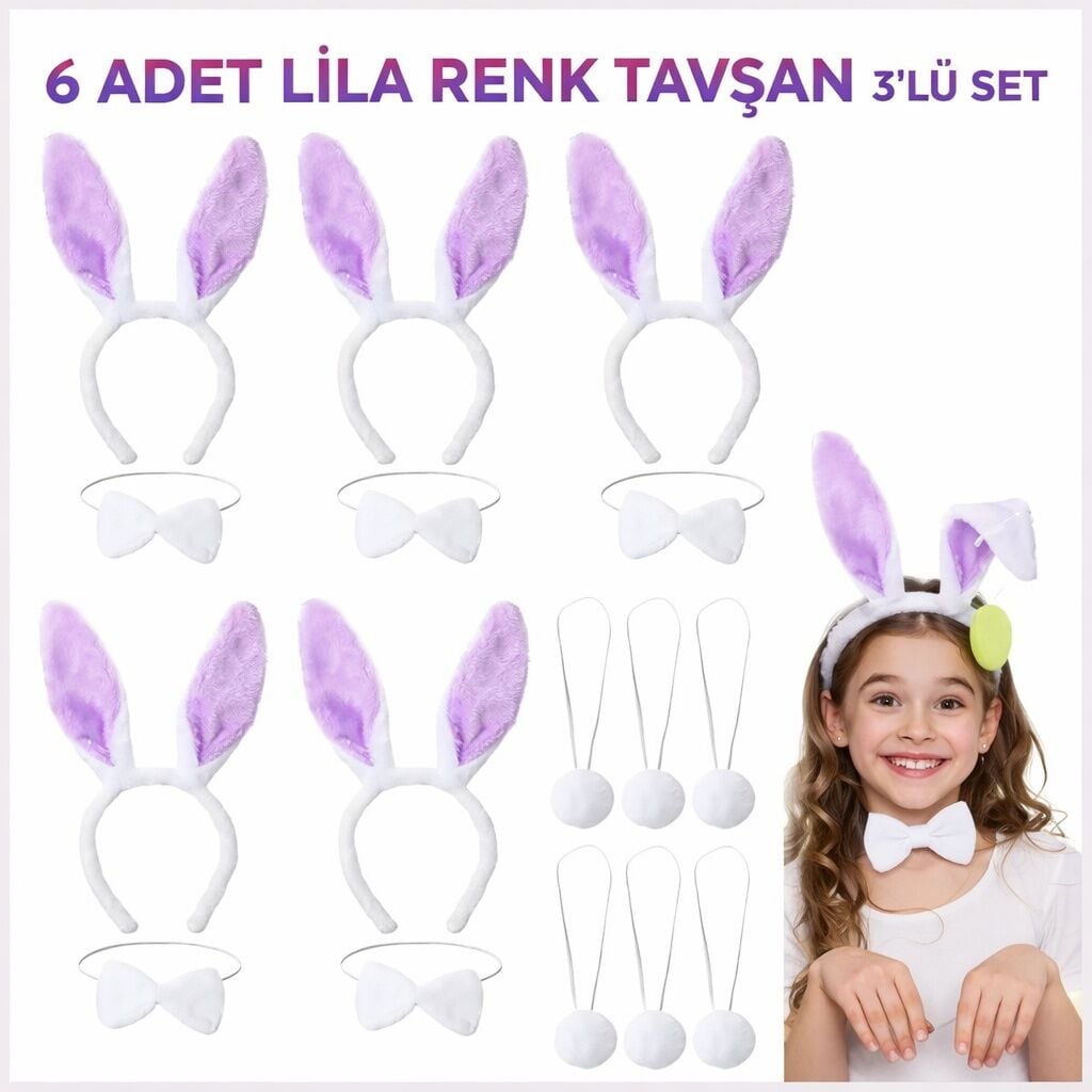 Lila Tavşan Sahne Seti Taç Papyon Kuyruk