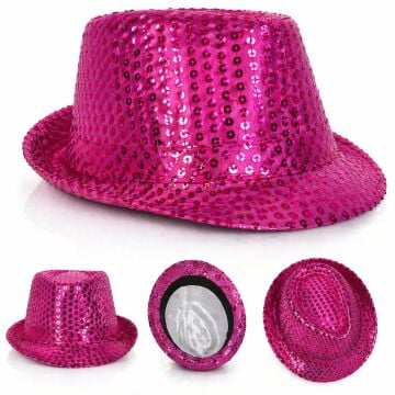 Fuşya Pembe Payetli Disco Parti Şapkası Yetişkin Işıltılı Fötr Model