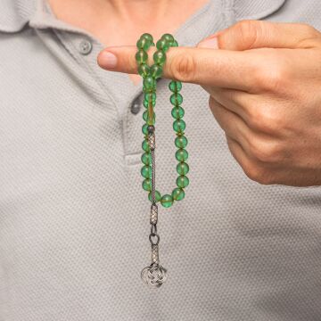 Gümüş Kazaz Püsküllü Yeşil Sıkma Kehribar Tesbih