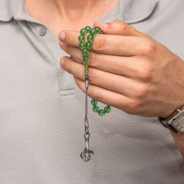 Gümüş Kazaz Püsküllü Yeşil Sıkma Kehribar Tesbih