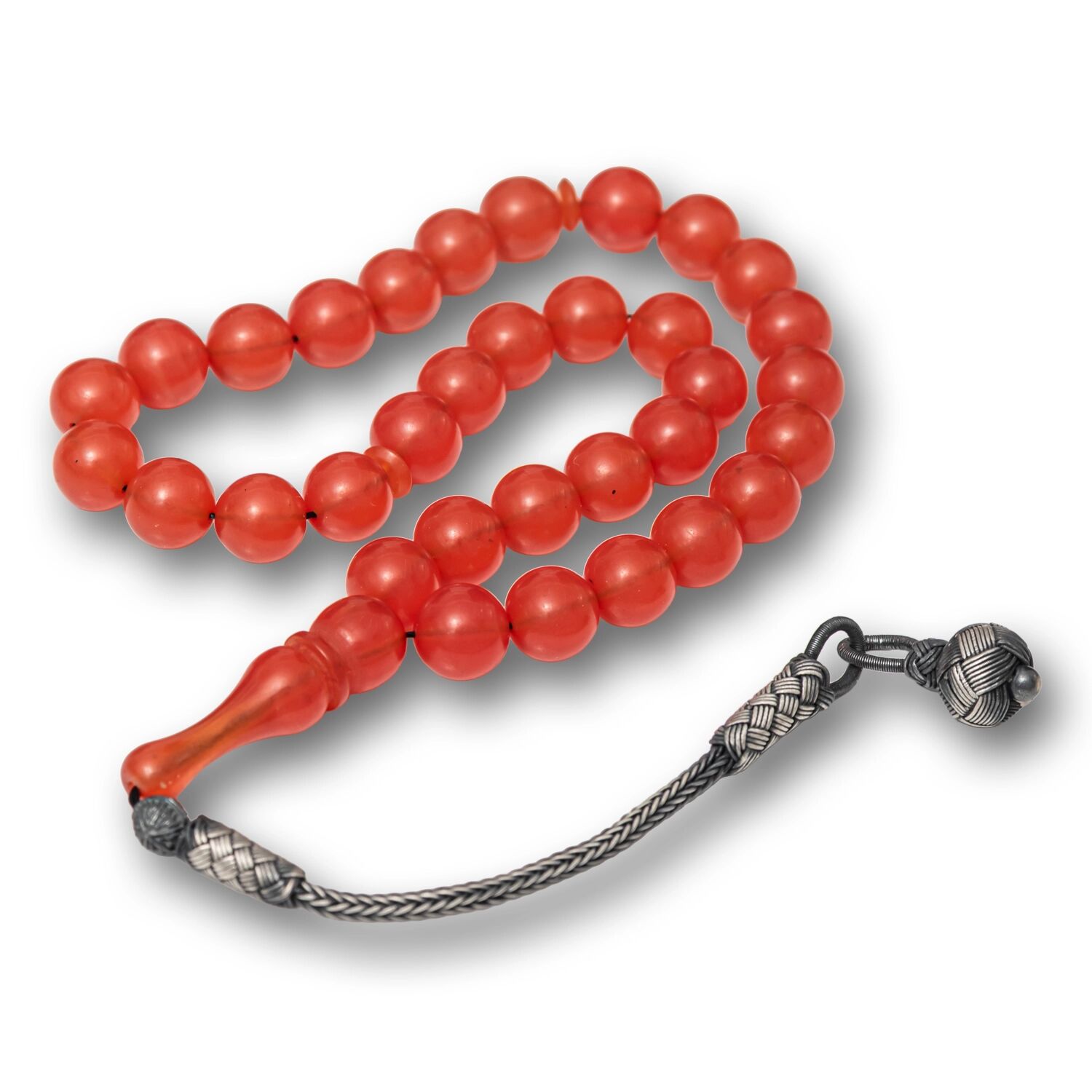 Gümüş Top Kazaz Püsküllü Yuvarlak Sıkma Kehribar Tesbih