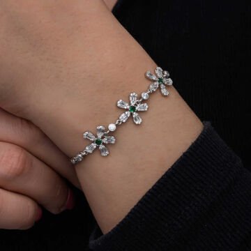 925 Ayar Gümüş Baget Çiçek Desenli Kadın Bileklik
