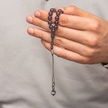 Gümüş Top Kazaz Püsküllü Şeffaf Mavi Sıkma Kehribar Tesbih