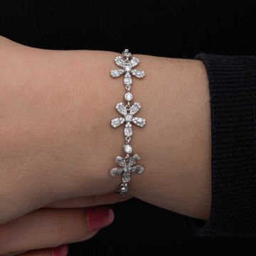 925 Ayar Gümüş Baget Çiçek Desenli Kadın Bileklik