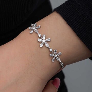 925 Ayar Gümüş Baget Çiçek Desenli Kadın Bileklik