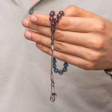 Gümüş Kazaz Püsküllü Şeffaf Mavi Sıkma Kehribar Tesbih