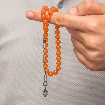 Gümüş Top Kazaz Püsküllü Turuncu Sıkma Kehribar Tesbih