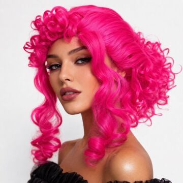 Pembe Bukleli Kıvırcık Cosplay Peruğu İçi Astarlı