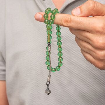 Gümüş Top Kazaz Püsküllü Yeşil Sıkma Kehribar Tesbih