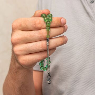 Gümüş Top Kazaz Püsküllü Yeşil Sıkma Kehribar Tesbih