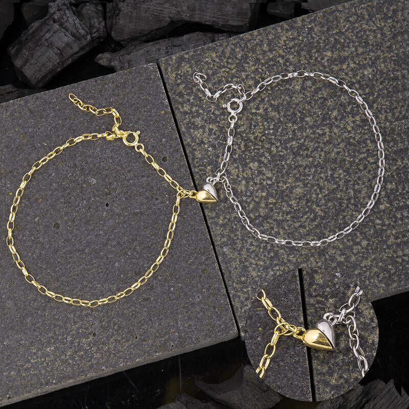925 Ayar Gümüş Rodyum Gold Çift Kalpli Aşk Bileklik