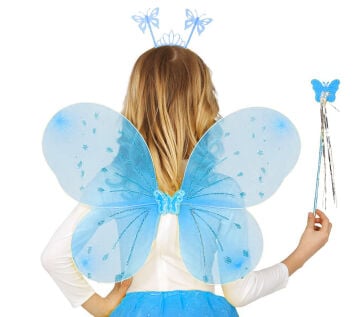 Mavi Kelebek Seti 50 cm Kelebek Kanadı, Taç ve Asa