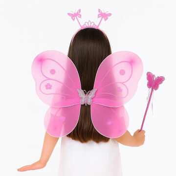 Pembe Kelebek Kız Seti 50 cm Kelebek Kanadı, Taç ve Asa