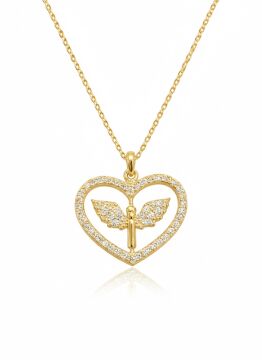 Gümüş Gold Mikail Meleği Figürlü Kalp Kadın Kolye