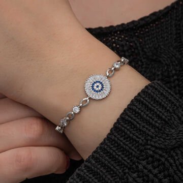 ​925 Ayar Gümüş Baget Taşlı Nazar Kadın Bileklik