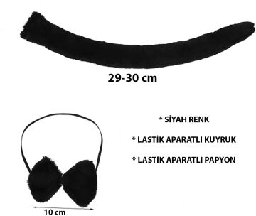 Peluş Siyah Renk Kuyruk ve Papyon Yetişkin Çocuk Uyumlu