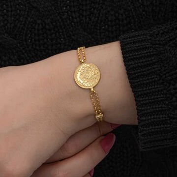 925 Ayar Gümüş Gold Kaplama Tuğralı Kadın Bileklik