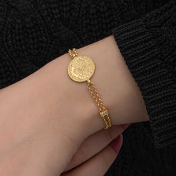 925 Ayar Gümüş Gold Kaplama Tuğralı Kadın Bileklik