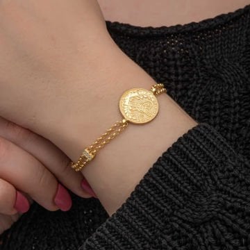 925 Ayar Gümüş Gold Kaplama Tuğralı Kadın Bileklik
