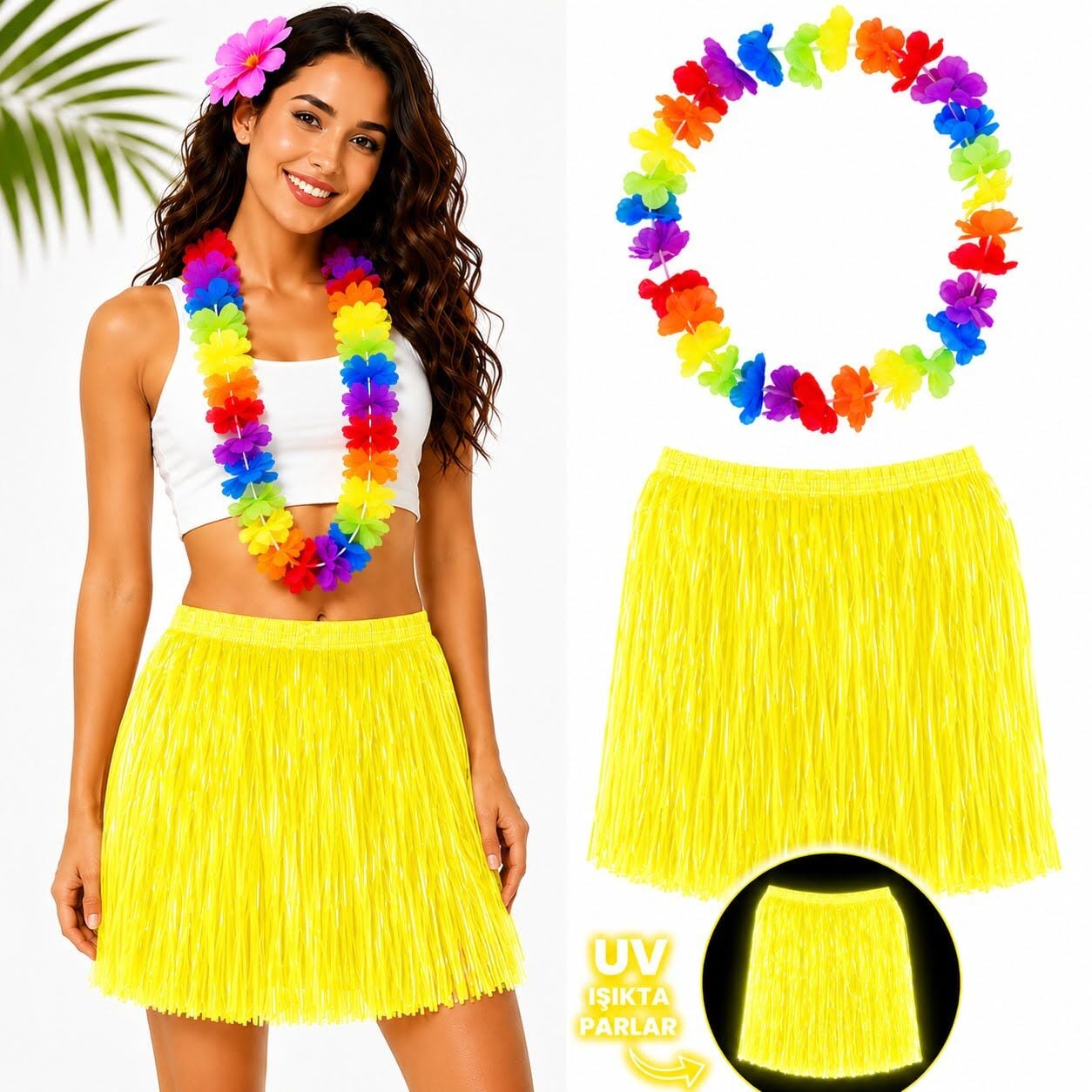 Sarı Hawaii Etek 40 cm ve Rengarenk Hawaii Kolye