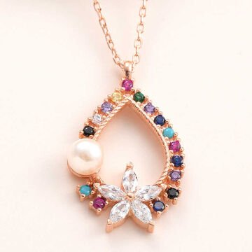 925 Ayar Gümüş Rose Renkli Taşlı Çiçekli Kadın Kolye